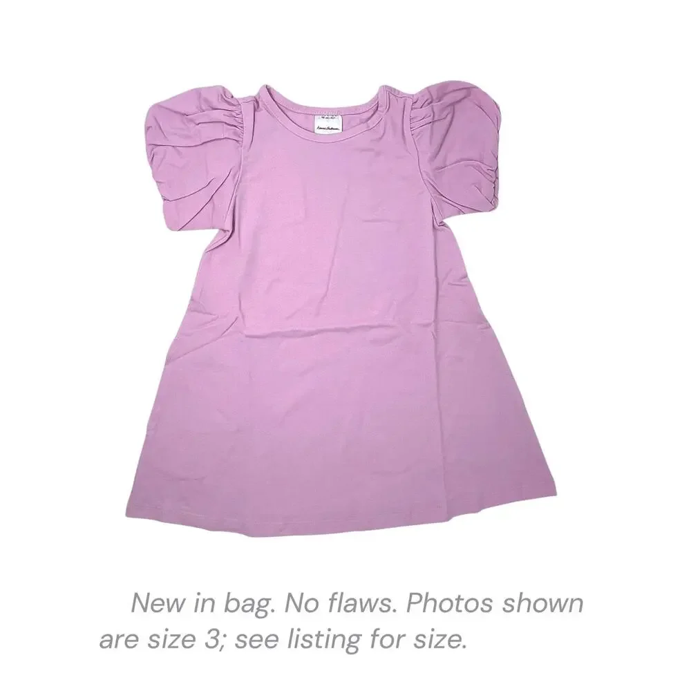 Hanna Andersson Girls Bubble Sleeve Dress Size 6/7 Pink Lilac NWT Cotton Pockets